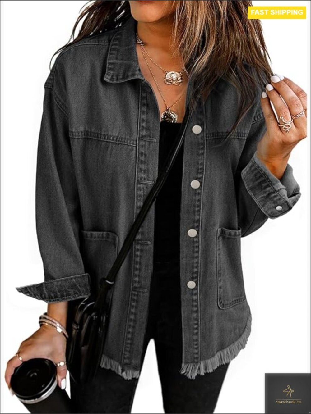Oversized Denim Jacket Frayed Raw Hem Shacket with Pockets
